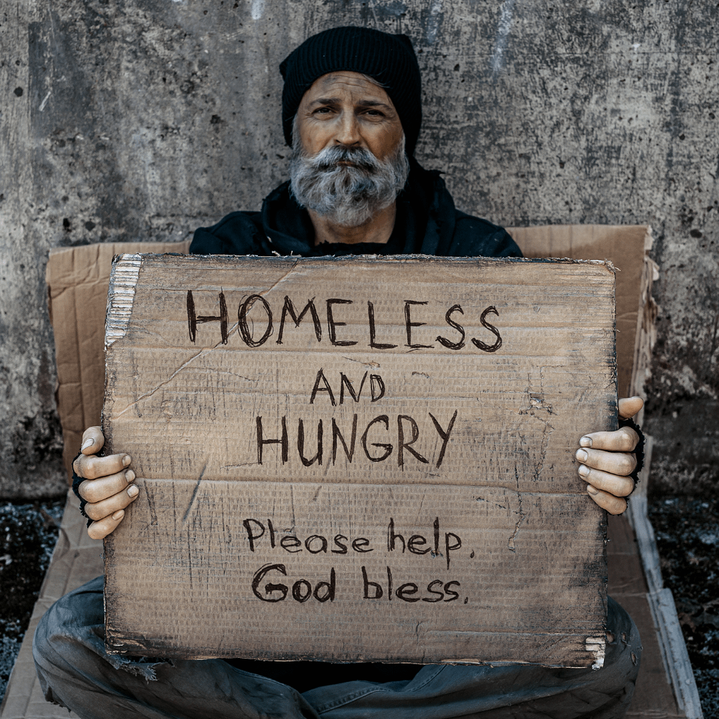 a homeless guy holding a sign